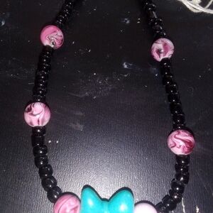 Handcrafted Black and Pink Beaded Necklace with Turquoise Accent